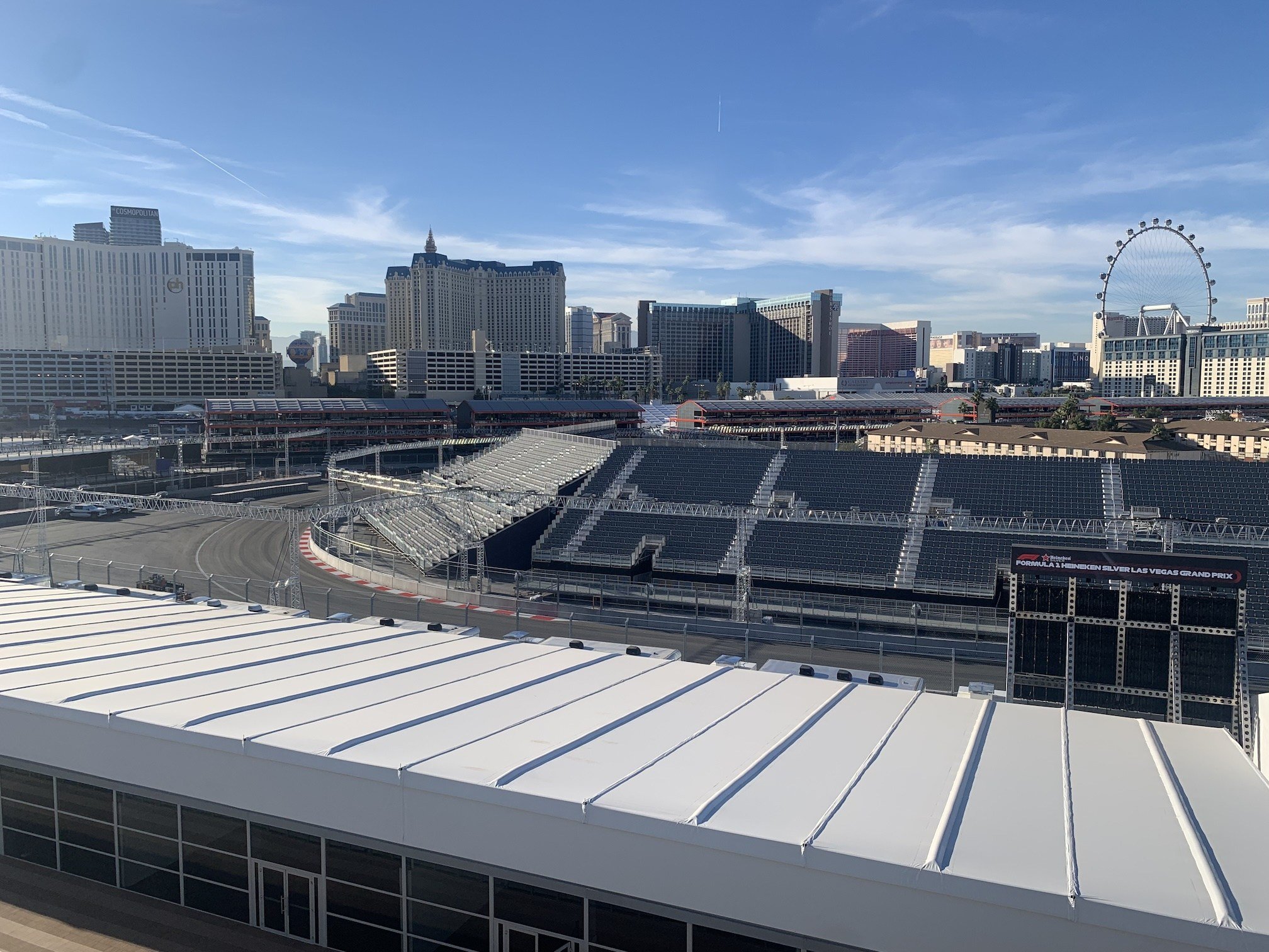F1 grandstands with Las Vegas in the background