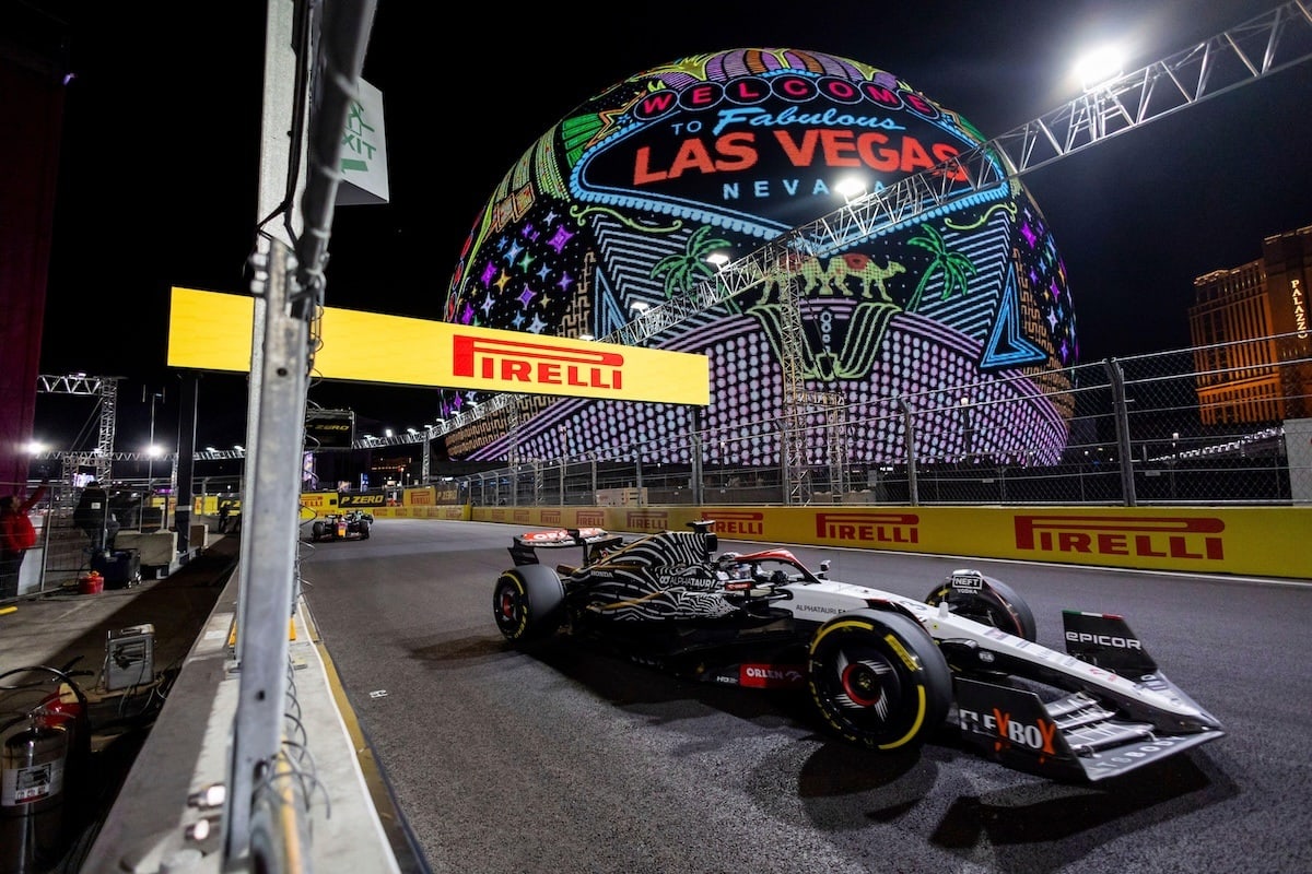 The Las Vegas Sphere, seen from the F1 track at the Las Vegas Grand Prix
