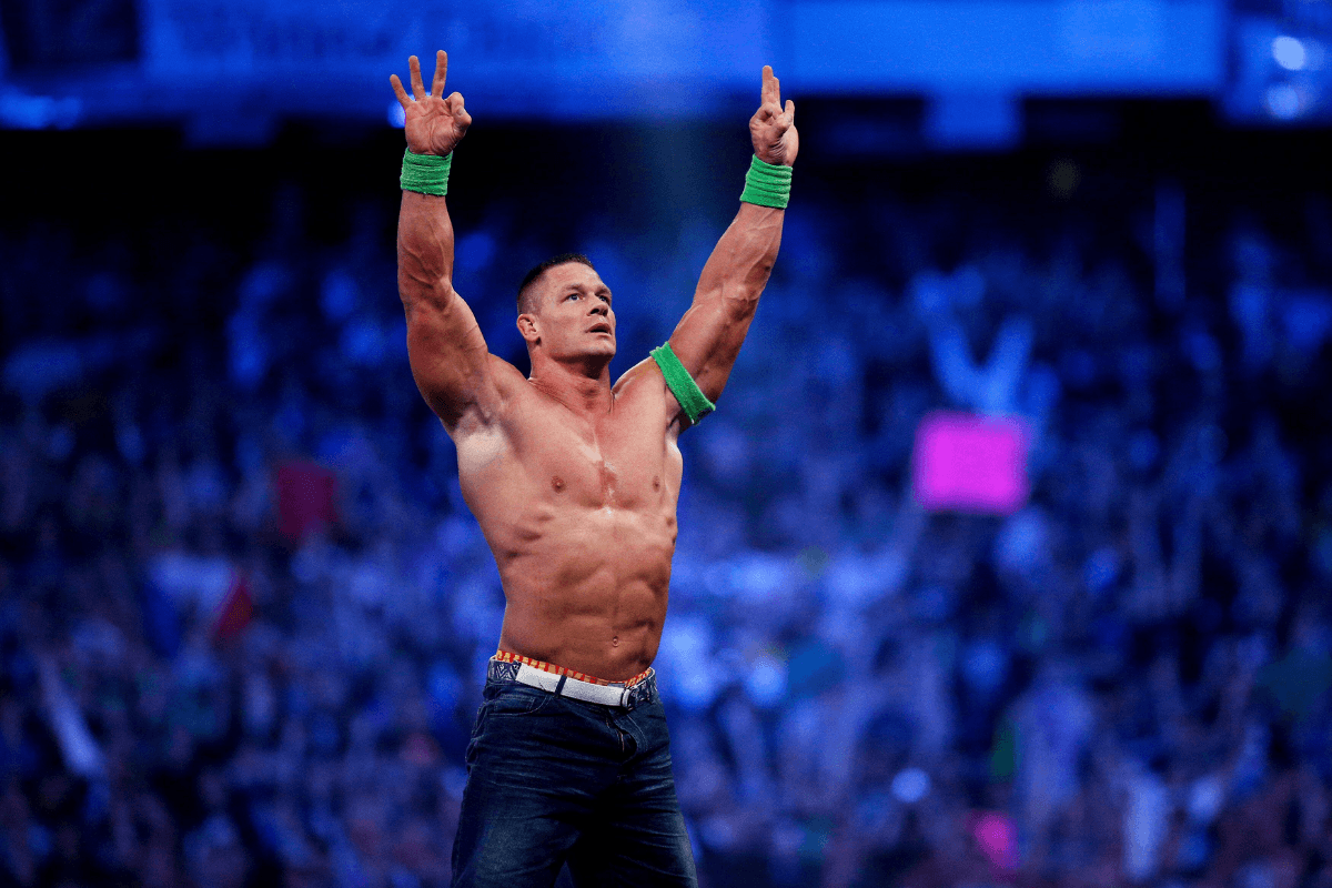 John Cena celebrates his win during Wrestlemania XXX