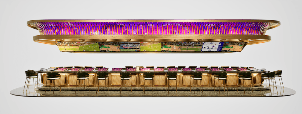Rendering of Flamingo Las Vegas’ redesigned Bugsy’s Bar with a long gaming bar and LED canopy
