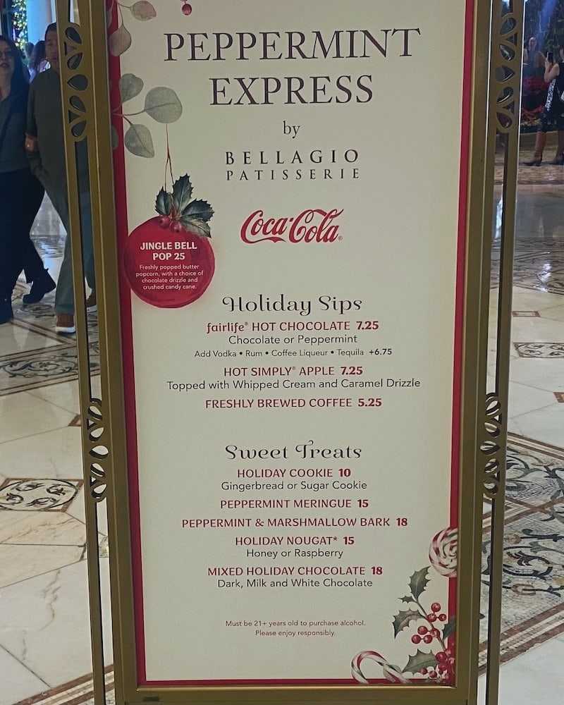 A list of the prices at the Peppermint Express shop at the Bellagio Conservatory in Las Vegas