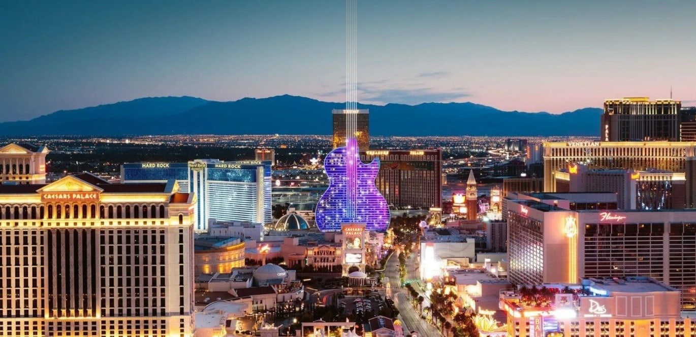 Rendering of Hard Rock Casino in Las Vegas with guitar hotel