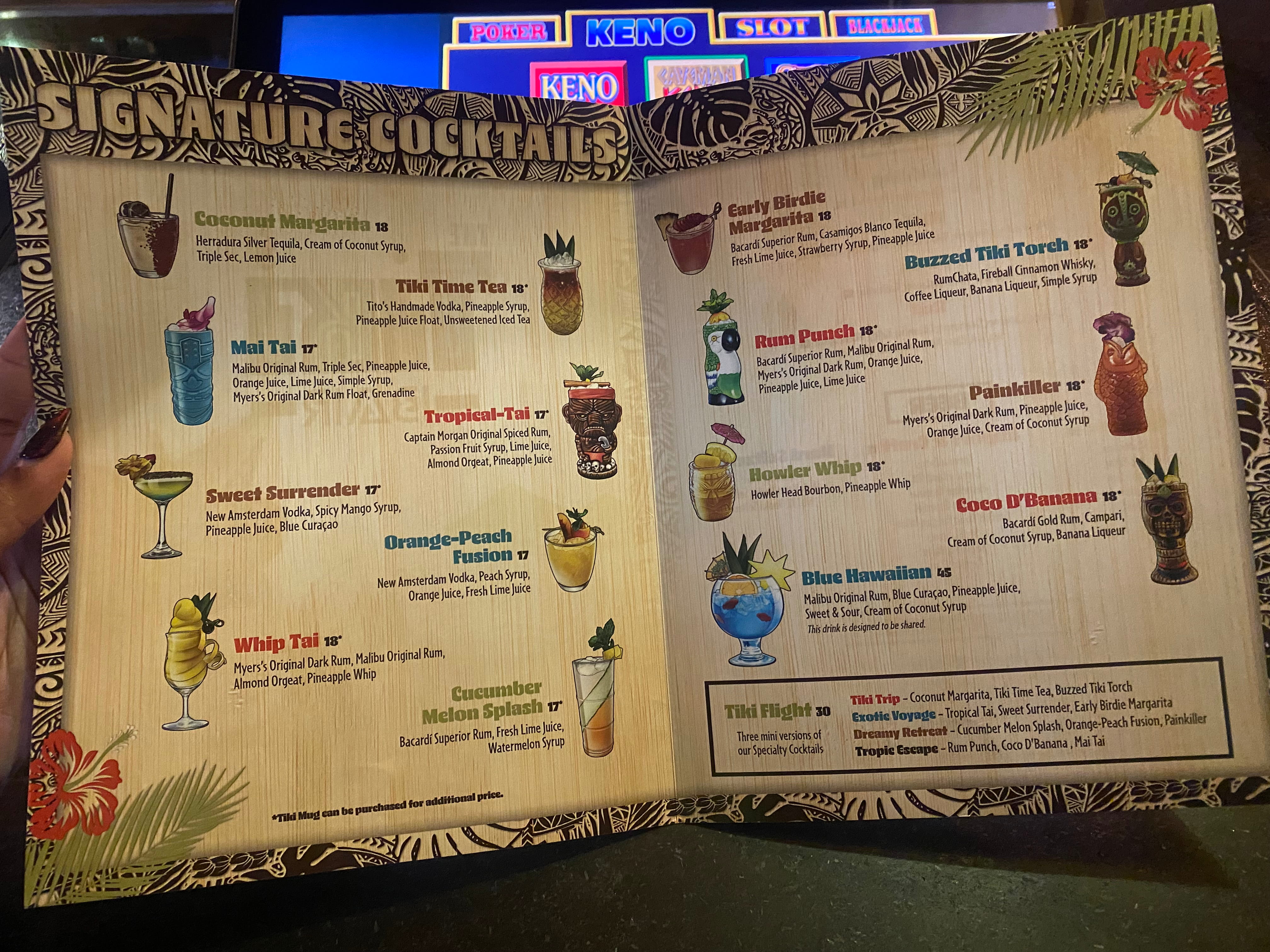 The drink menu for The Tiki Bar at Excalibur