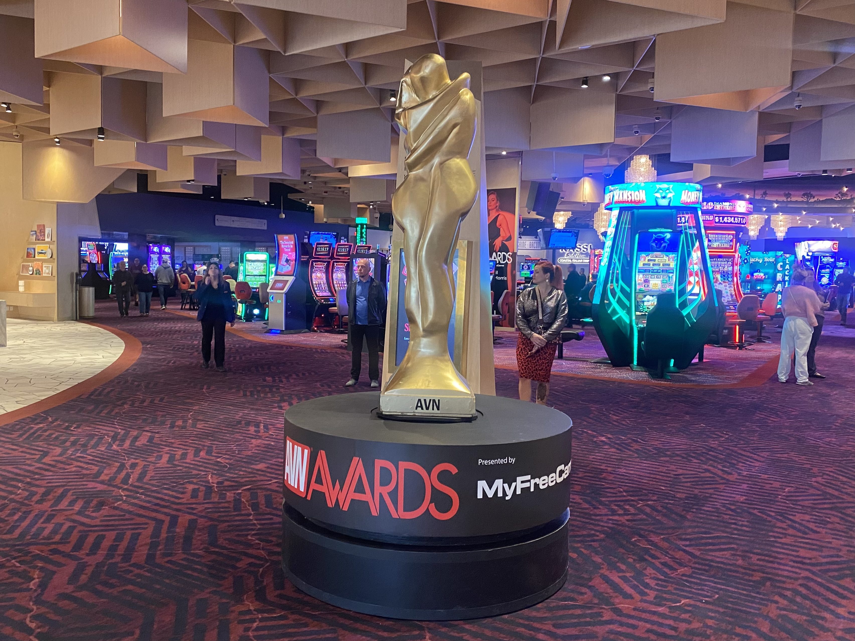 A statue of the AVN award on the casino floor of the Virgin Hotel in Las Vegas